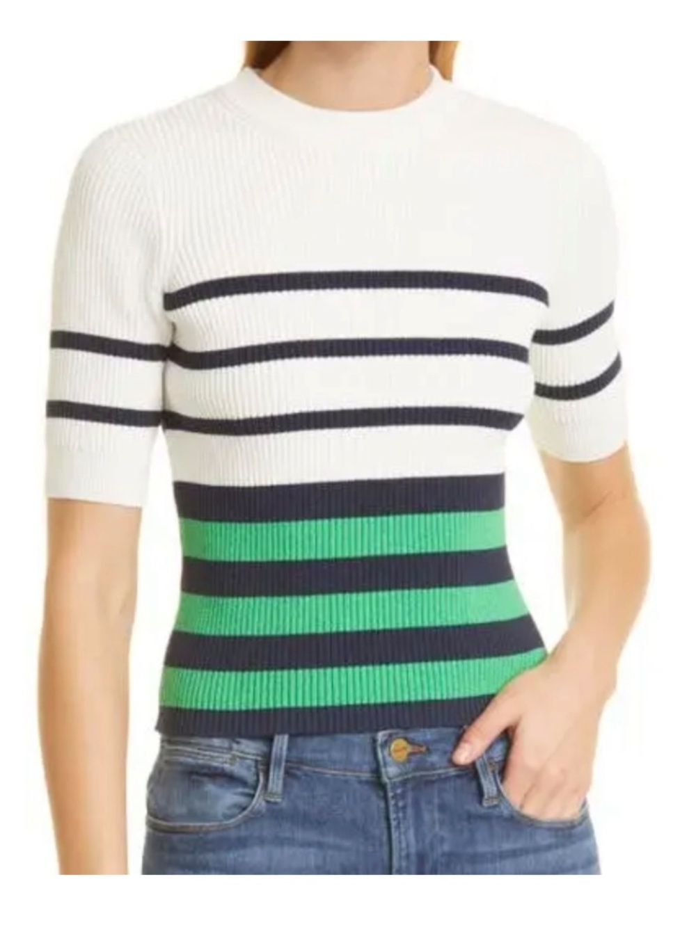 Frame White Navy Green Striped Short Sleeve Knit Top ❤️❤️